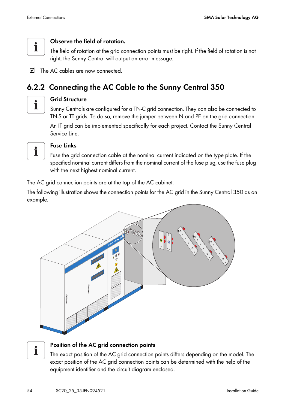 2 connecting the ac cable to the sunny central 350, Connecting the ac cable to the sunny central 350 | SMA SC 200 Installation User Manual | Page 54 / 92
