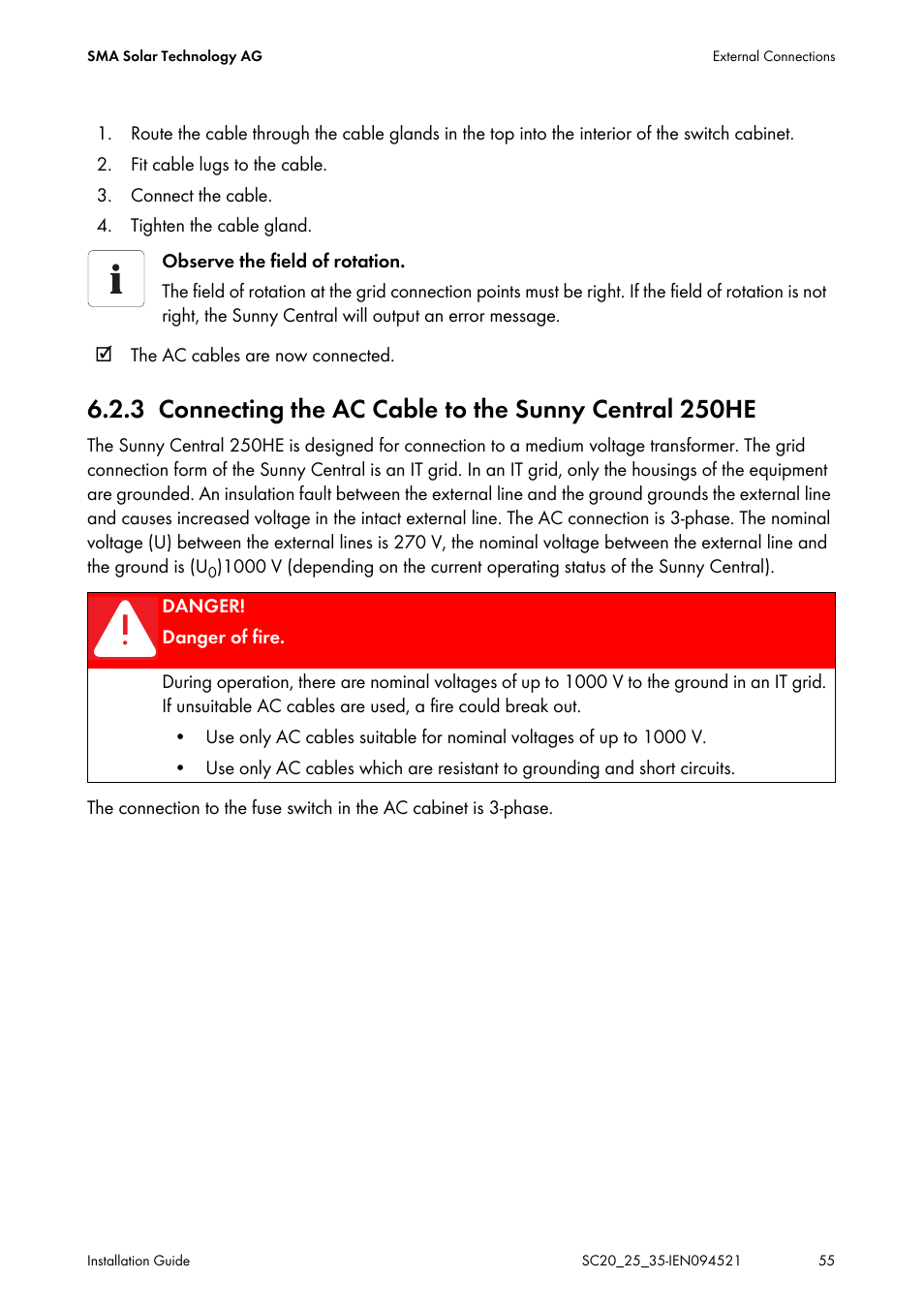 Connecting the ac cable to the sunny central 250he | SMA SC 200 Installation User Manual | Page 55 / 92