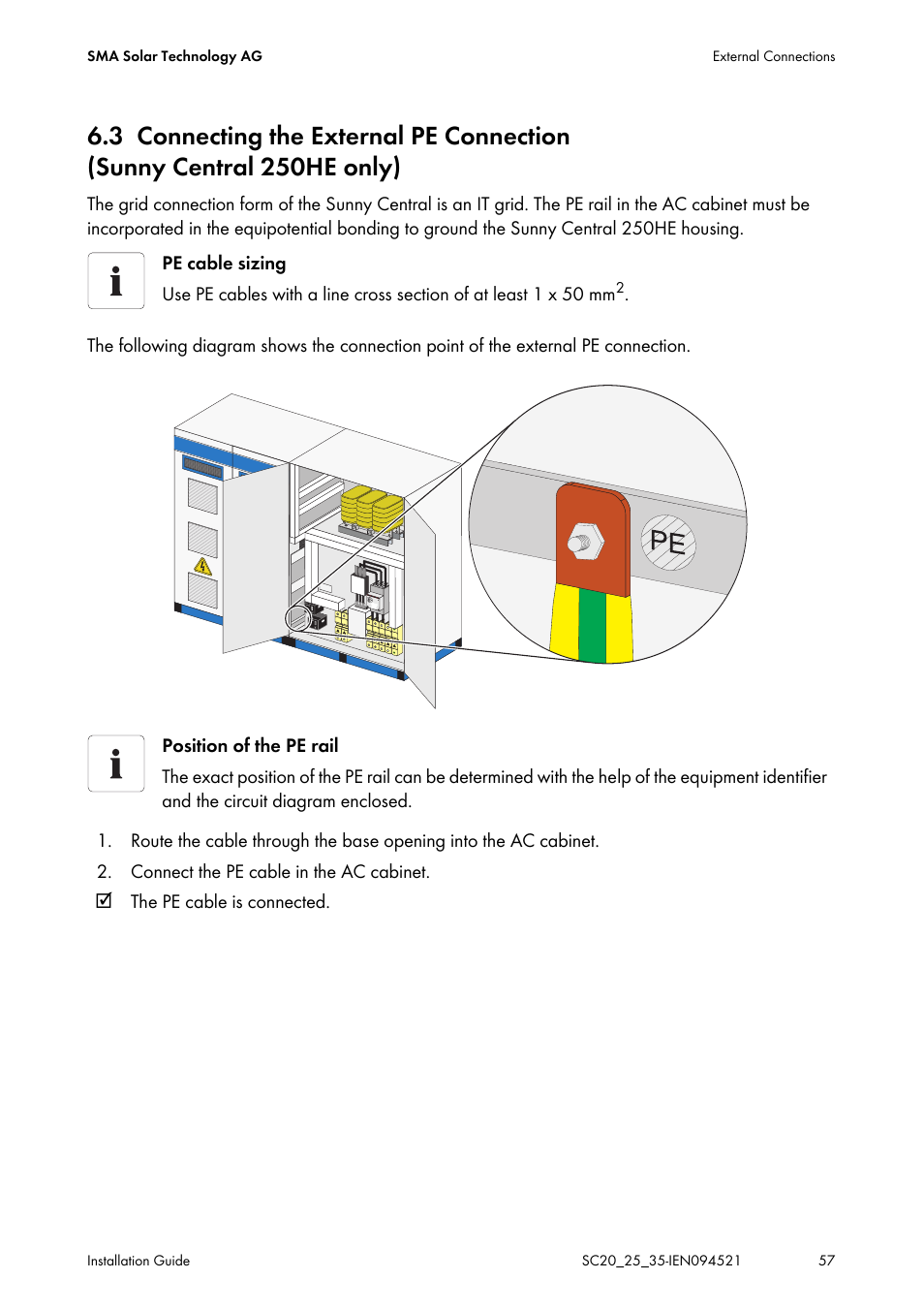 Connecting the external pe connection, Sunny central 250he only) | SMA SC 200 Installation User Manual | Page 57 / 92