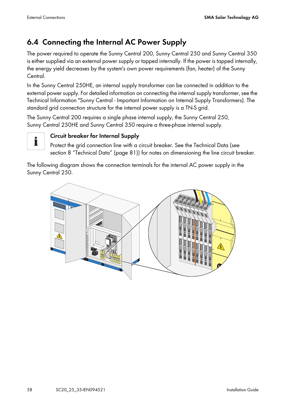 4 connecting the internal ac power supply, Connecting the internal ac power supply | SMA SC 200 Installation User Manual | Page 58 / 92