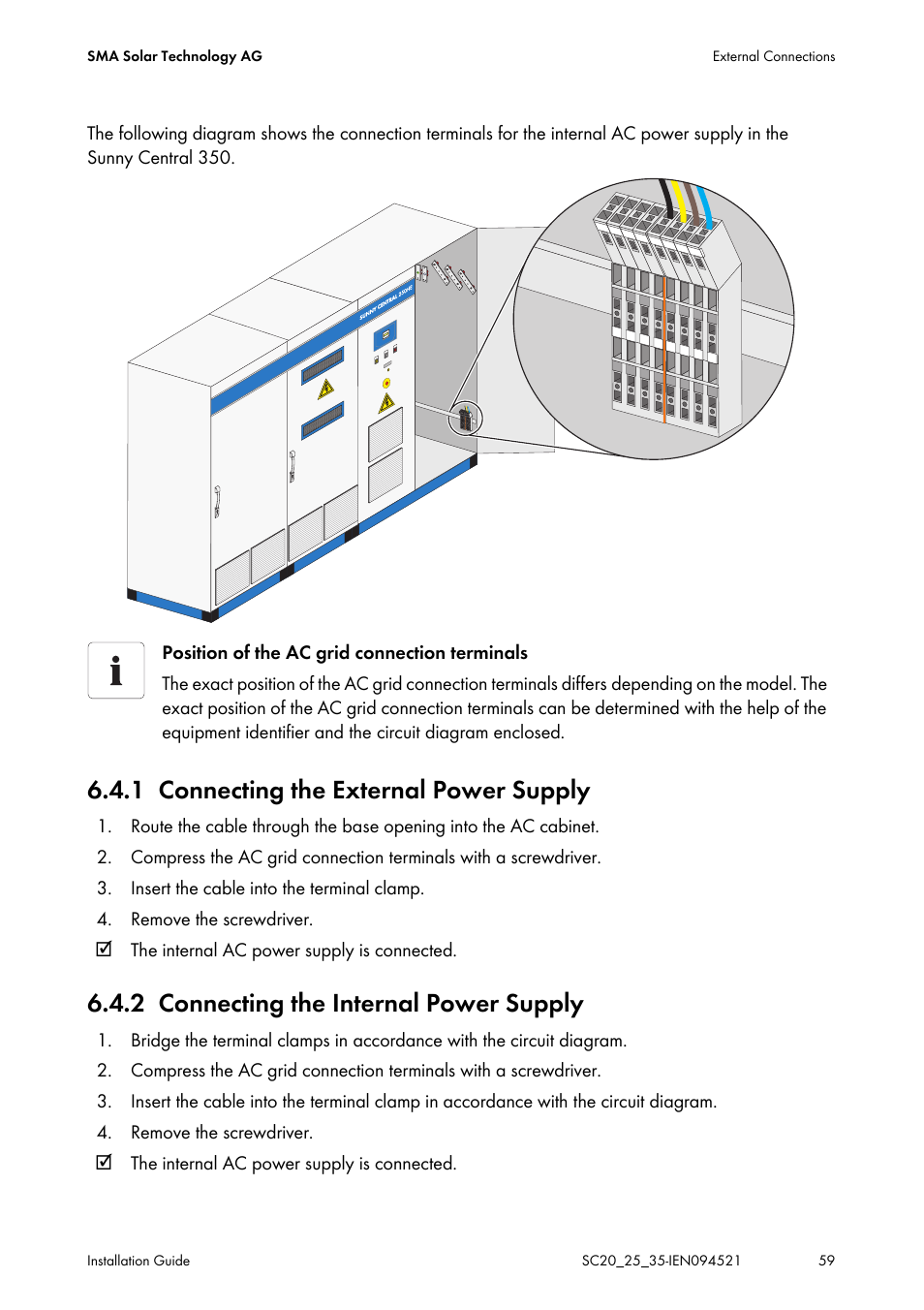 1 connecting the external power supply, 2 connecting the internal power supply, Connecting the external power supply | Connecting the internal power supply | SMA SC 200 Installation User Manual | Page 59 / 92