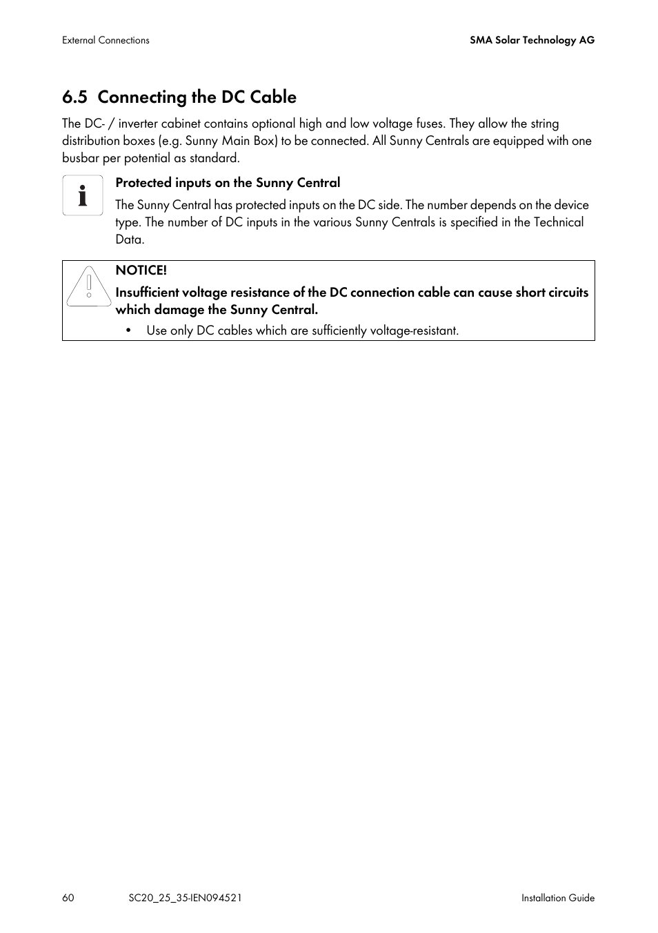 5 connecting the dc cable, Connecting the dc cable | SMA SC 200 Installation User Manual | Page 60 / 92