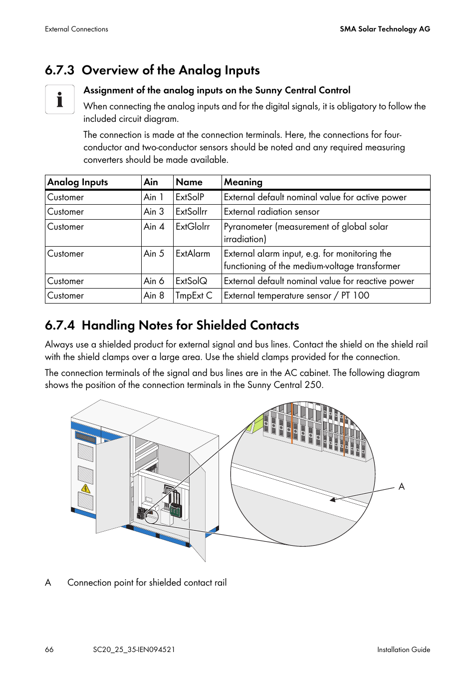3 overview of the analog inputs, 4 handling notes for shielded contacts, Overview of the analog inputs | Handling notes for shielded contacts | SMA SC 200 Installation User Manual | Page 66 / 92