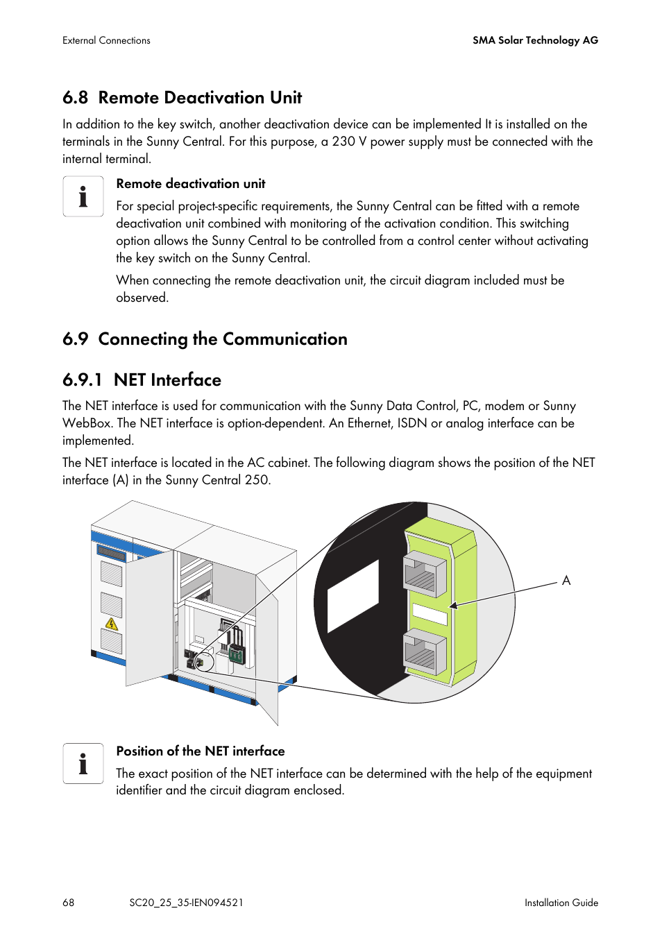 8 remote deactivation unit, 9 connecting the communication, 1 net interface | Remote deactivation unit, Connecting the communication, Net interface, 9 connecting the communication 6.9.1 net interface | SMA SC 200 Installation User Manual | Page 68 / 92