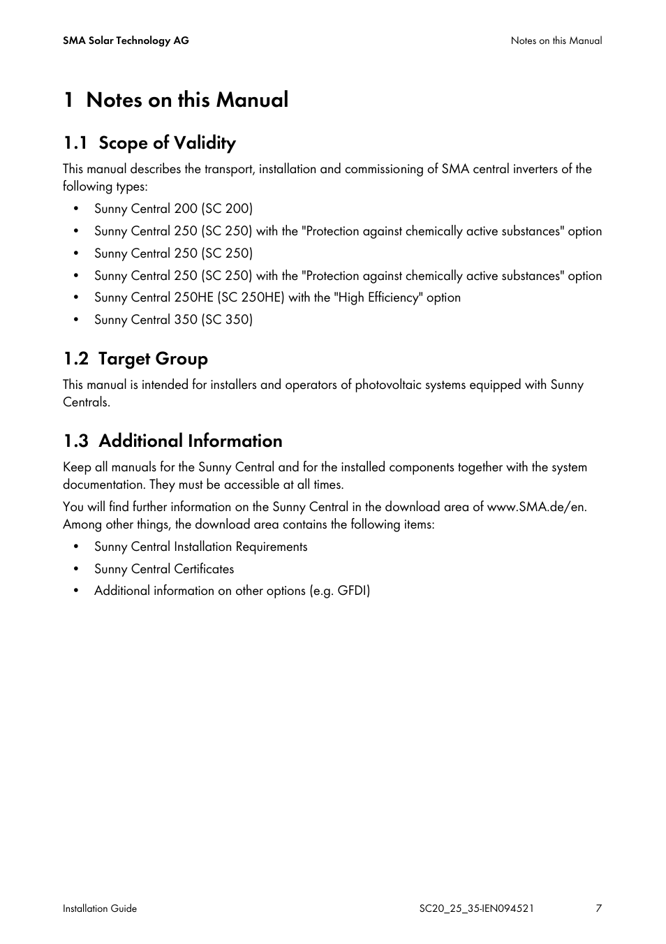1 notes on this manual, 1 scope of validity, 2 target group | 3 additional information, Notes on this manual, Scope of validity, Target group, Additional information | SMA SC 200 Installation User Manual | Page 7 / 92