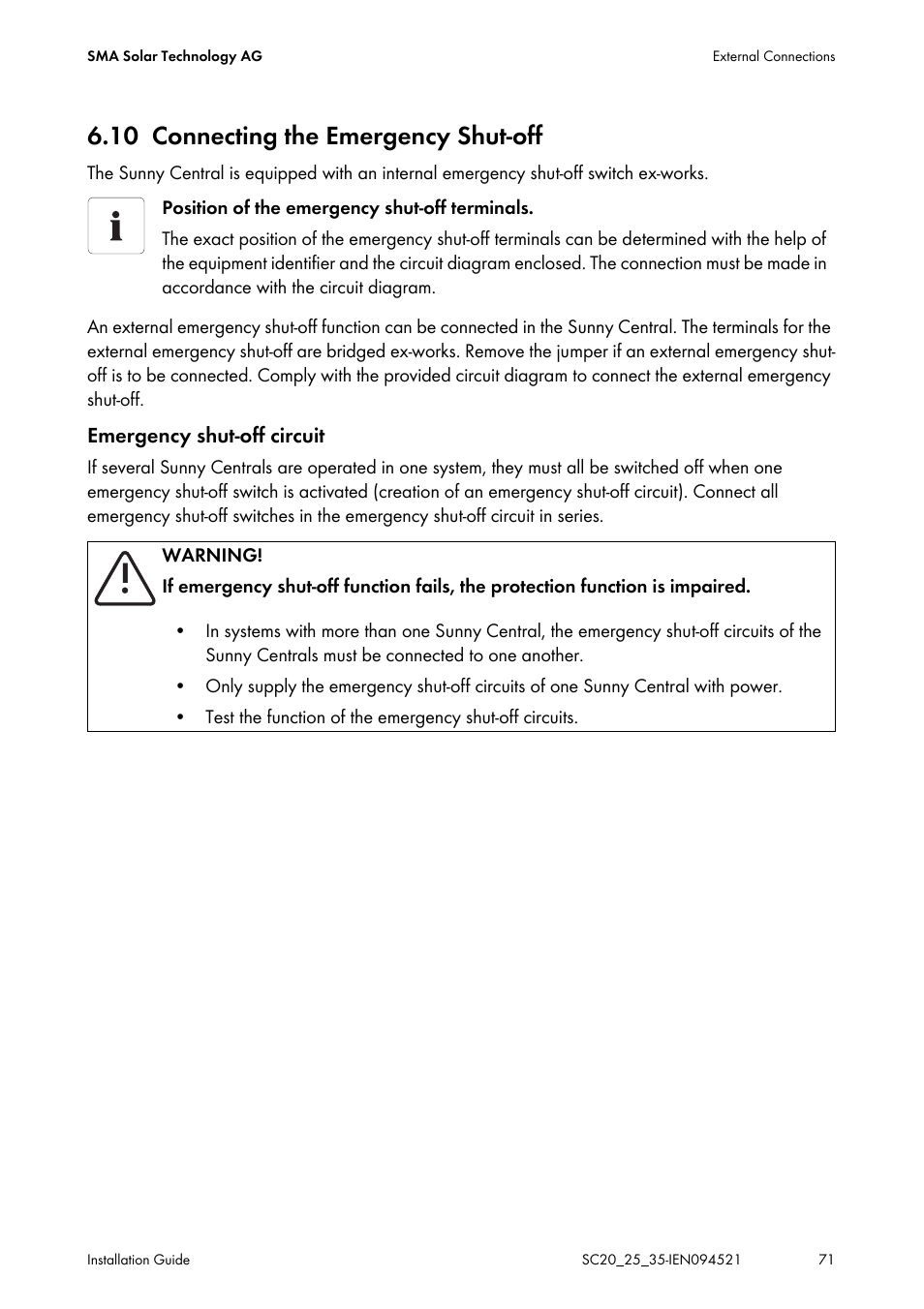 10 connecting the emergency shut-off, Connecting the emergency shut-off | SMA SC 200 Installation User Manual | Page 71 / 92