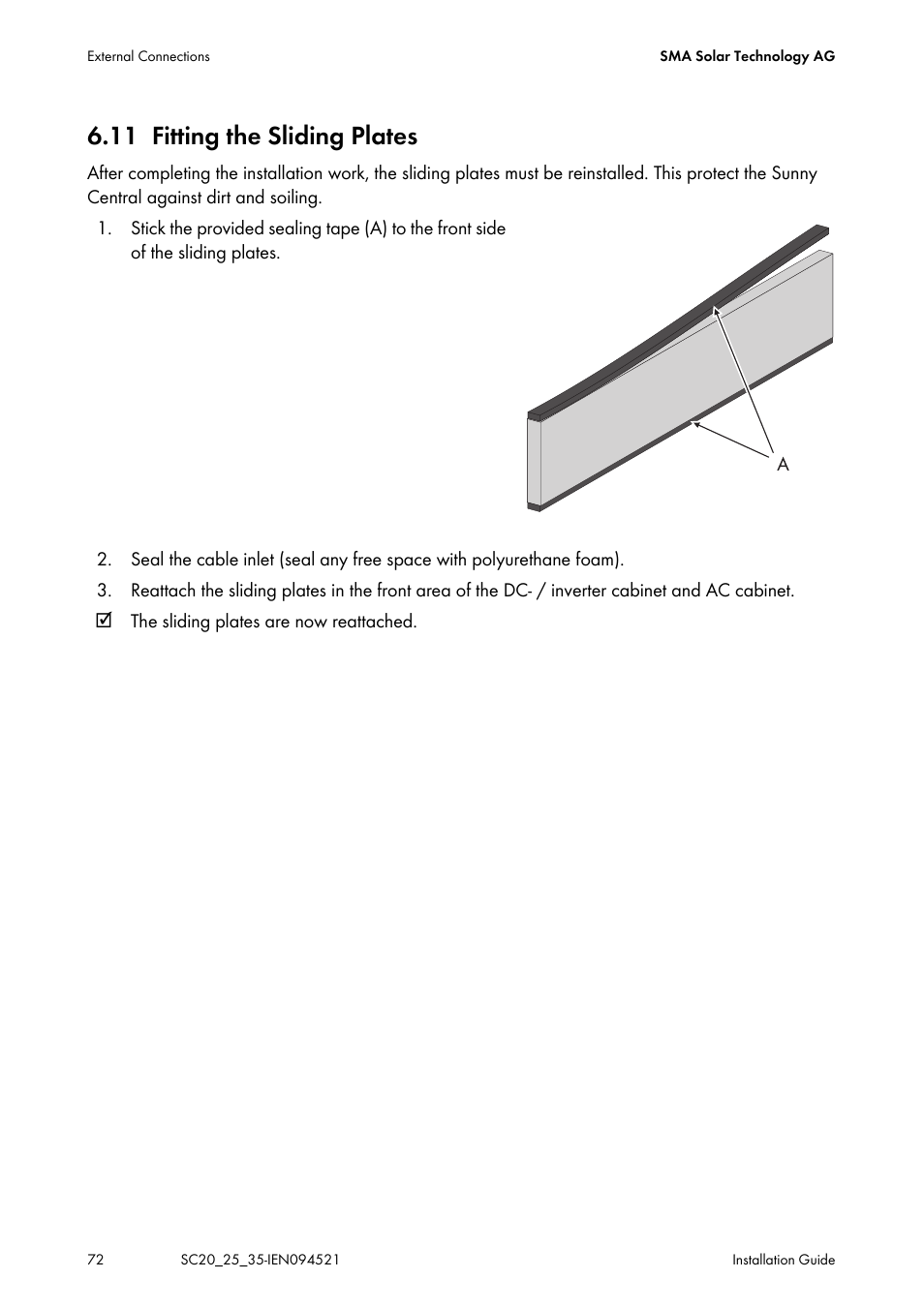 11 fitting the sliding plates, Fitting the sliding plates | SMA SC 200 Installation User Manual | Page 72 / 92