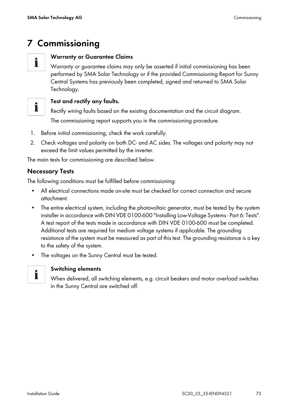7 commissioning, Commissioning | SMA SC 200 Installation User Manual | Page 73 / 92