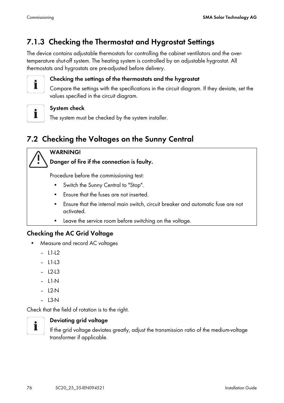 3 checking the thermostat and hygrostat settings, 2 checking the voltages on the sunny central, Checking the thermostat and hygrostat settings | Checking the voltages on the sunny central | SMA SC 200 Installation User Manual | Page 76 / 92