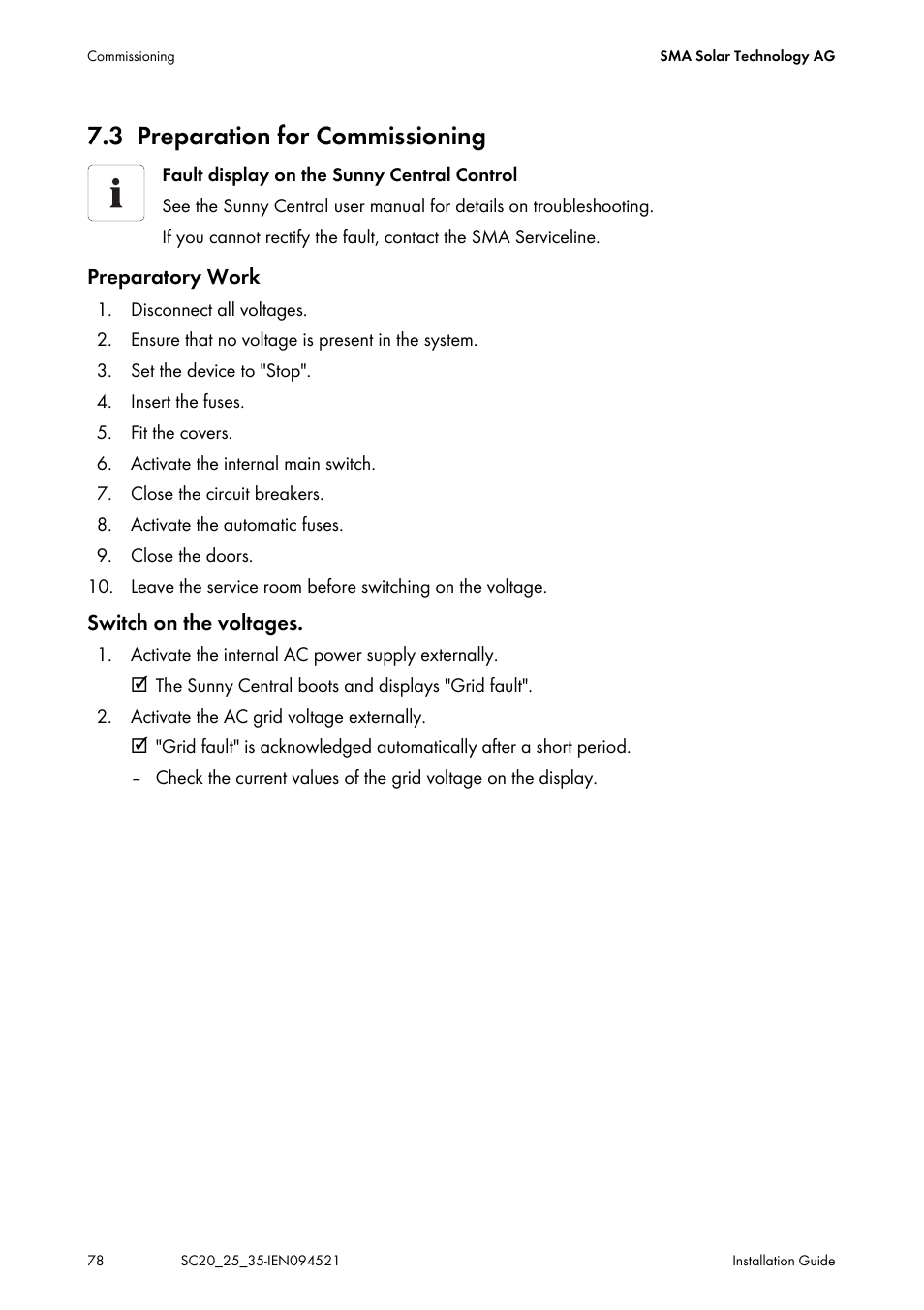 3 preparation for commissioning, Preparation for commissioning | SMA SC 200 Installation User Manual | Page 78 / 92