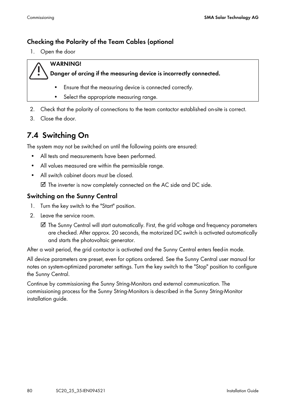4 switching on, Switching on | SMA SC 200 Installation User Manual | Page 80 / 92