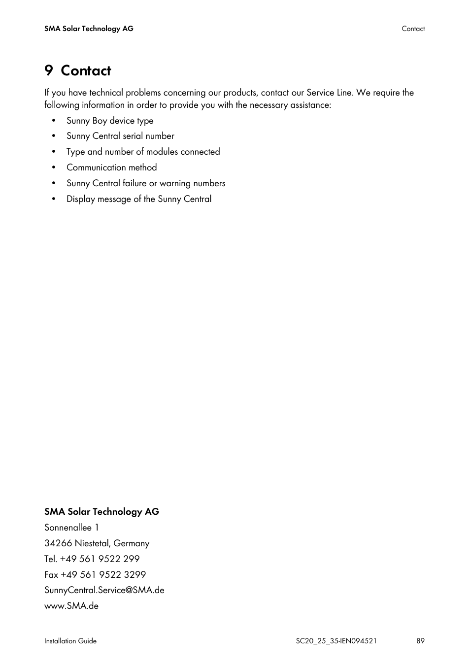 9 contact, Contact | SMA SC 200 Installation User Manual | Page 89 / 92