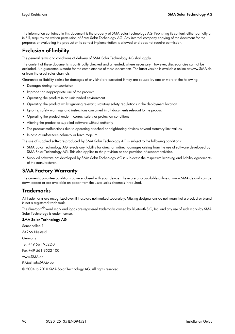 Exclusion of liability, Sma factory warranty, Trademarks | SMA SC 200 Installation User Manual | Page 90 / 92