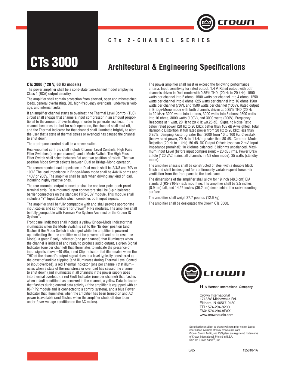 Crown Audio CTs 3000 User Manual | 1 page