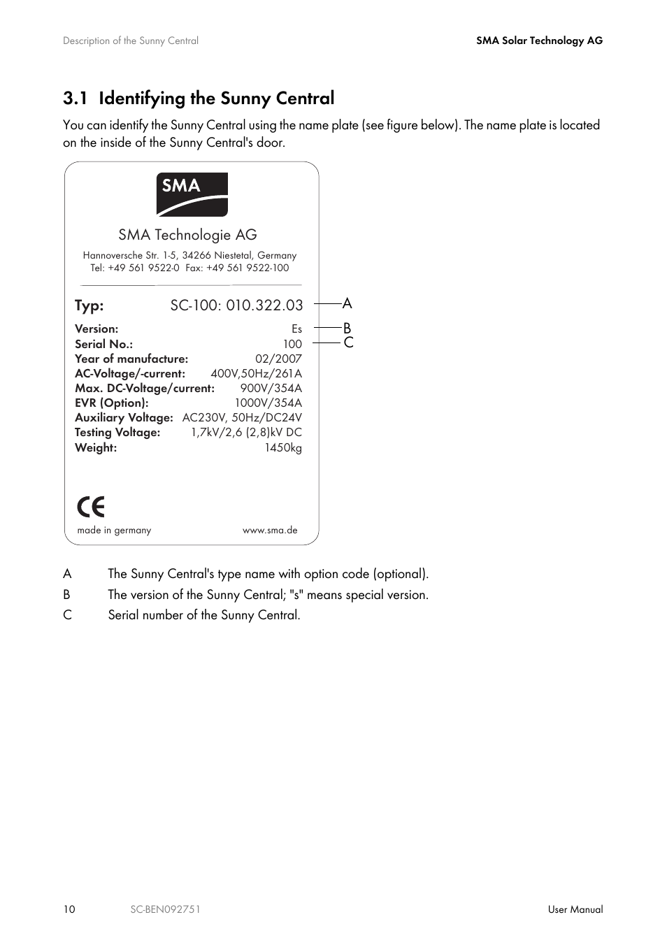 1 identifying the sunny central, Identifying the sunny central | SMA SUNNY CENTRAL User Manual | Page 10 / 68