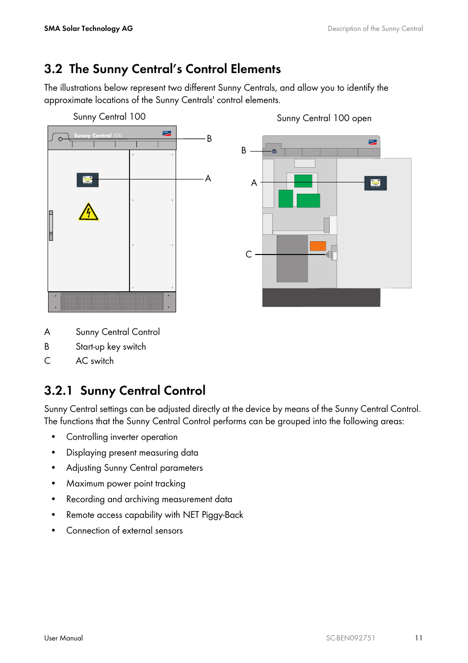 2 the sunny central’s control elements, 1 sunny central control, The sunny central’s control elements | Sunny central control | SMA SUNNY CENTRAL User Manual | Page 11 / 68