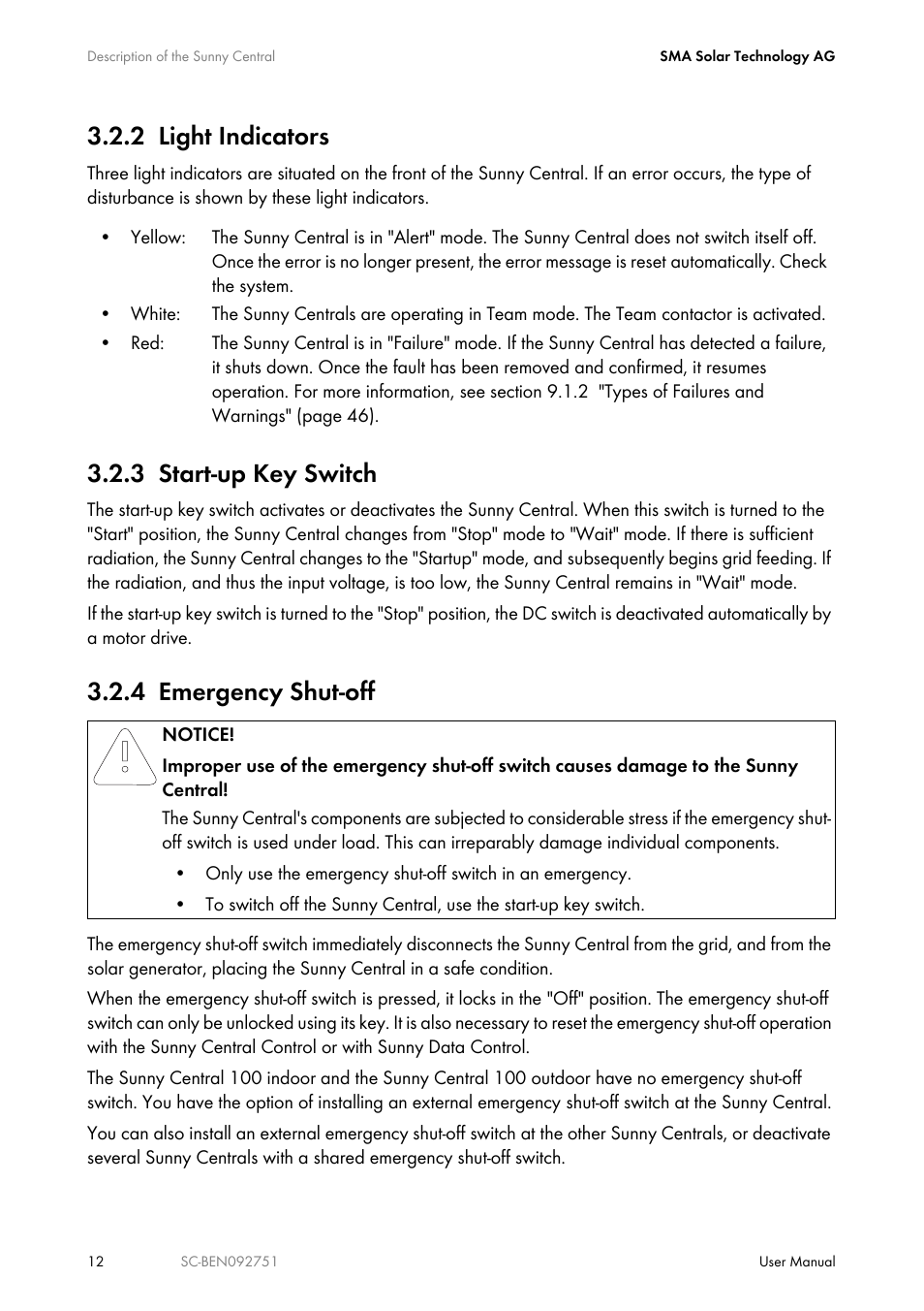 2 light indicators, 3 start-up key switch, 4 emergency shut-off | Light indicators, Start-up key switch, Emergency shut-off | SMA SUNNY CENTRAL User Manual | Page 12 / 68