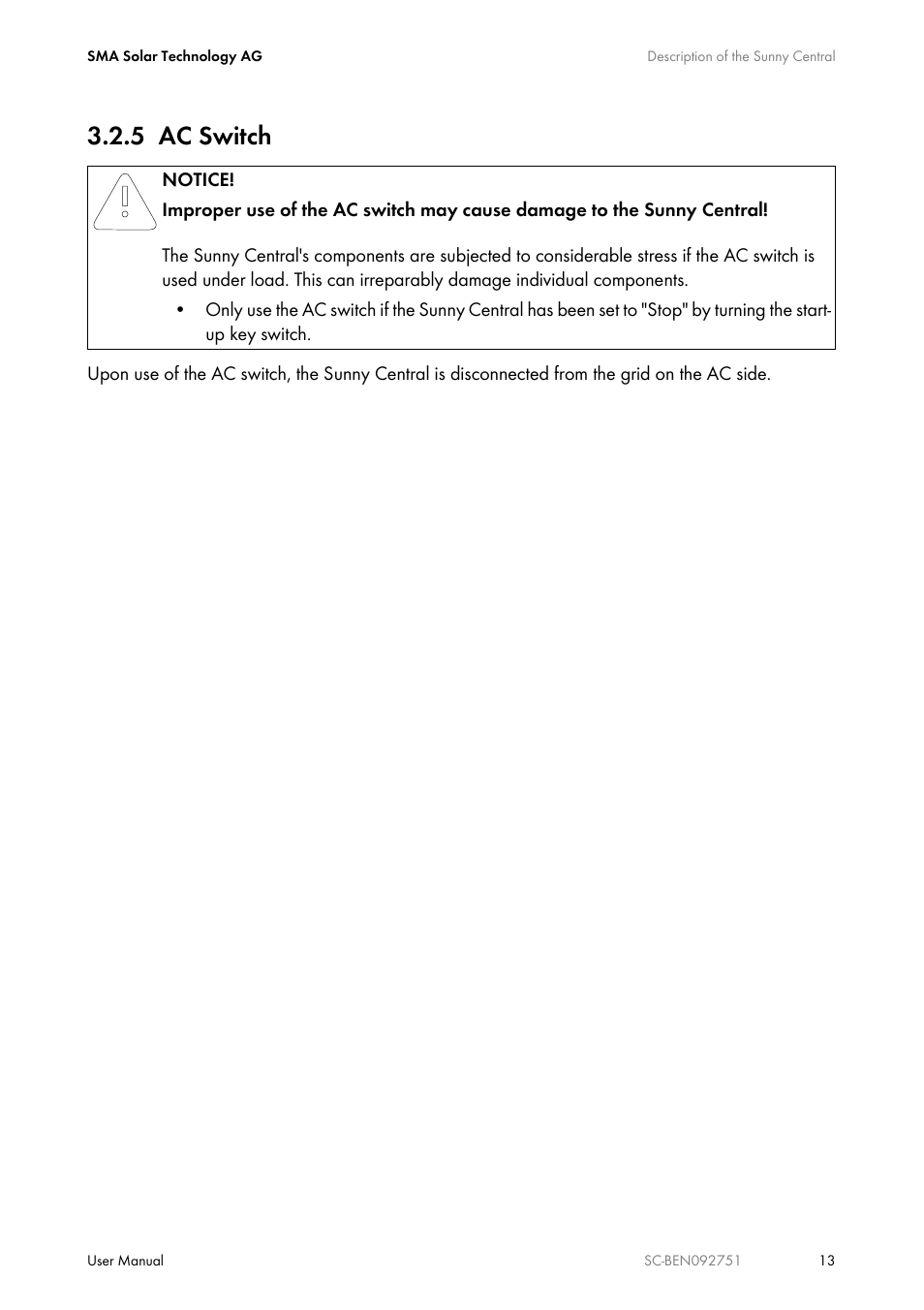 5 ac switch, Ac switch | SMA SUNNY CENTRAL User Manual | Page 13 / 68