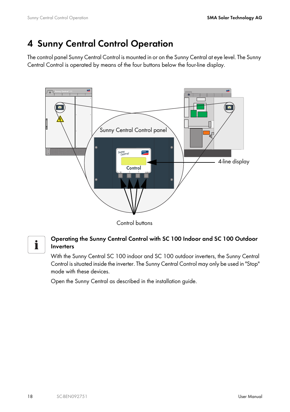 4 sunny central control operation, Sunny central control operation | SMA SUNNY CENTRAL User Manual | Page 18 / 68