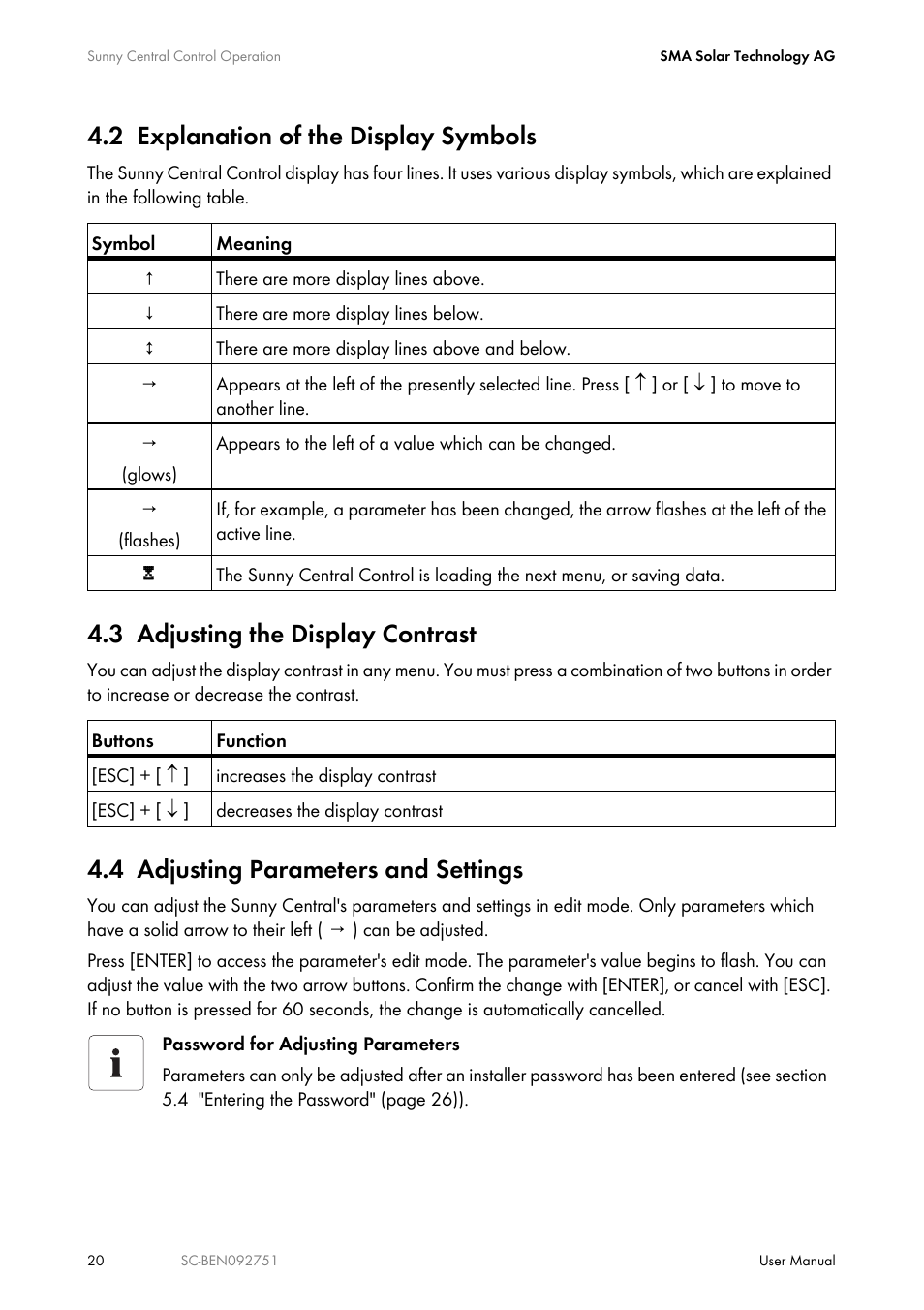 2 explanation of the display symbols, 3 adjusting the display contrast, 4 adjusting parameters and settings | Explanation of the display symbols, Adjusting the display contrast, Adjusting parameters and settings | SMA SUNNY CENTRAL User Manual | Page 20 / 68
