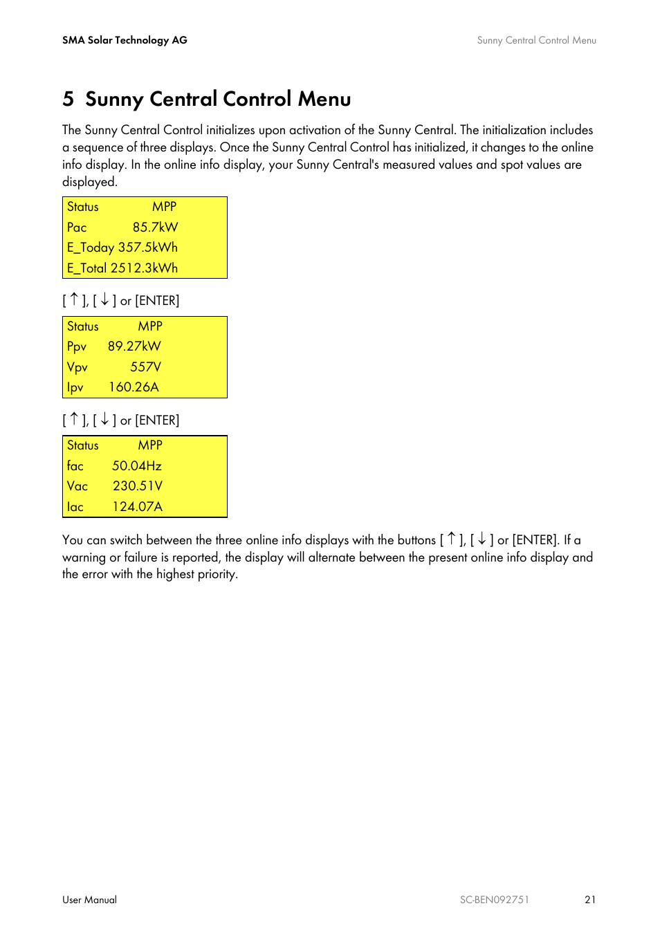 5 sunny central control menu, Sunny central control menu | SMA SUNNY CENTRAL User Manual | Page 21 / 68