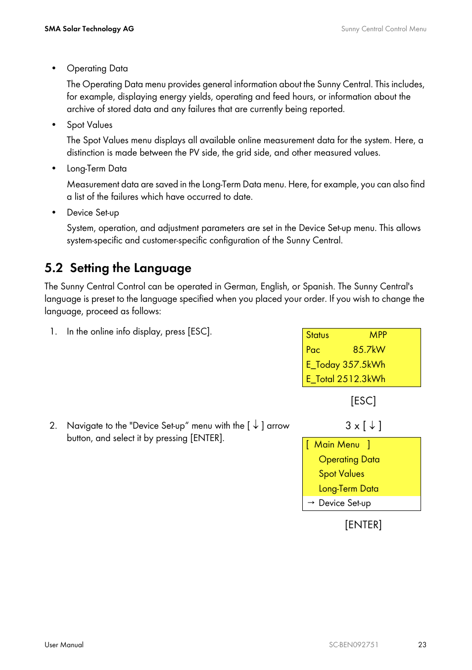2 setting the language, Setting the language | SMA SUNNY CENTRAL User Manual | Page 23 / 68