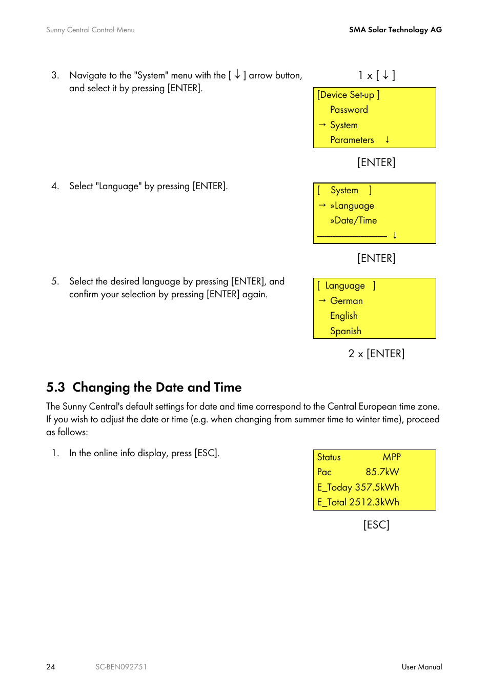 3 changing the date and time, Changing the date and time | SMA SUNNY CENTRAL User Manual | Page 24 / 68