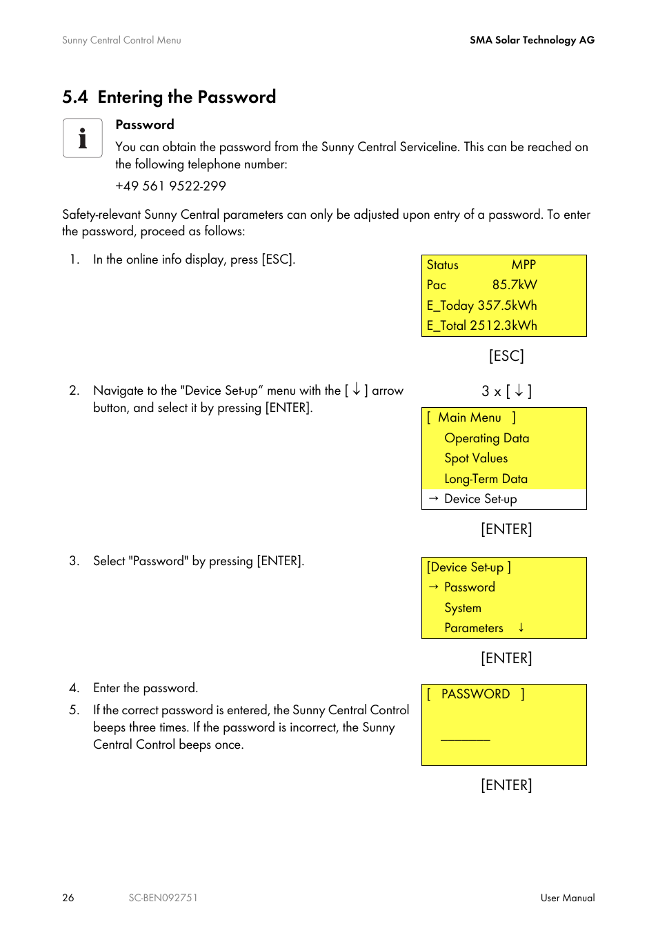 4 entering the password, Entering the password | SMA SUNNY CENTRAL User Manual | Page 26 / 68