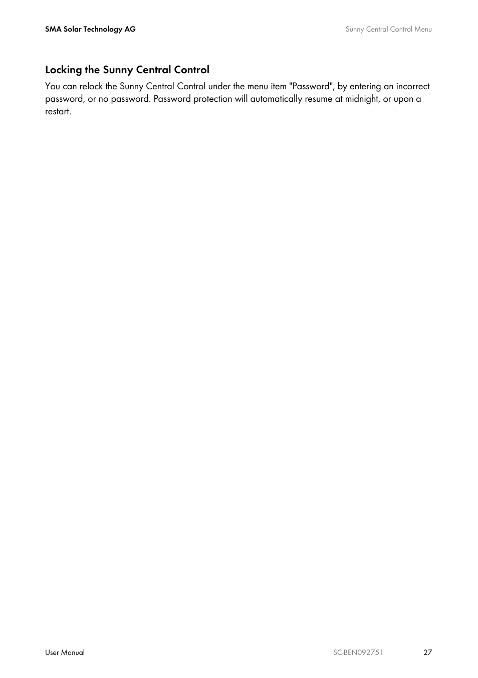 Locking the sunny central control | SMA SUNNY CENTRAL User Manual | Page 27 / 68