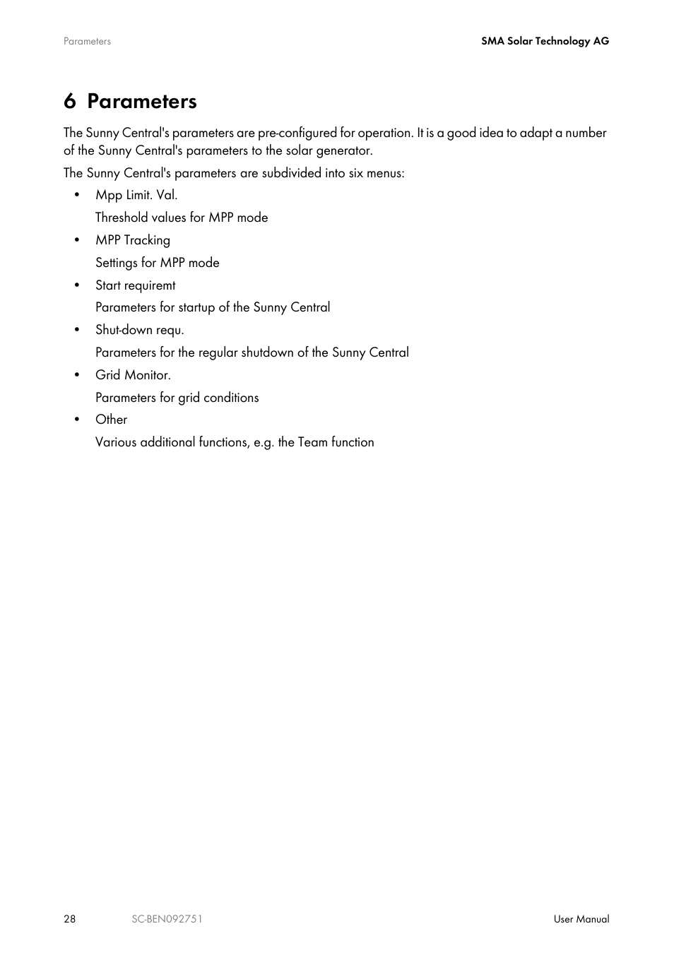 6 parameters, Parameters | SMA SUNNY CENTRAL User Manual | Page 28 / 68