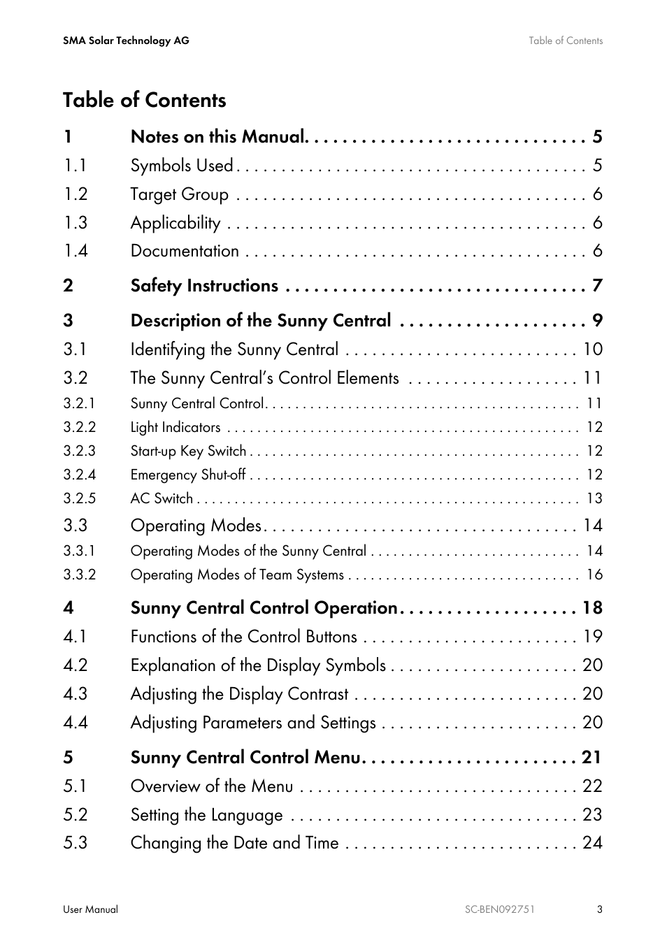 SMA SUNNY CENTRAL User Manual | Page 3 / 68