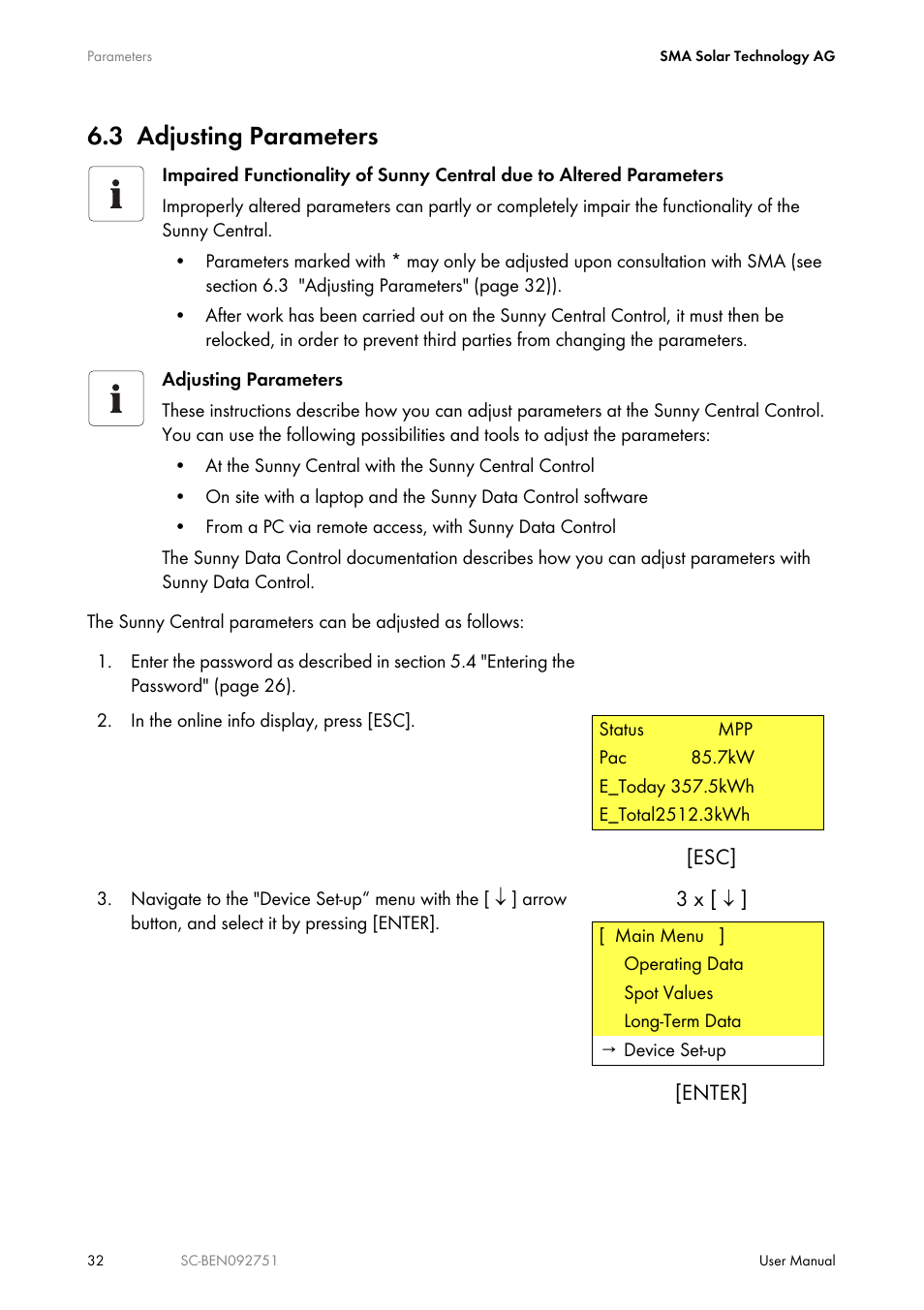 3 adjusting parameters, Adjusting parameters | SMA SUNNY CENTRAL User Manual | Page 32 / 68