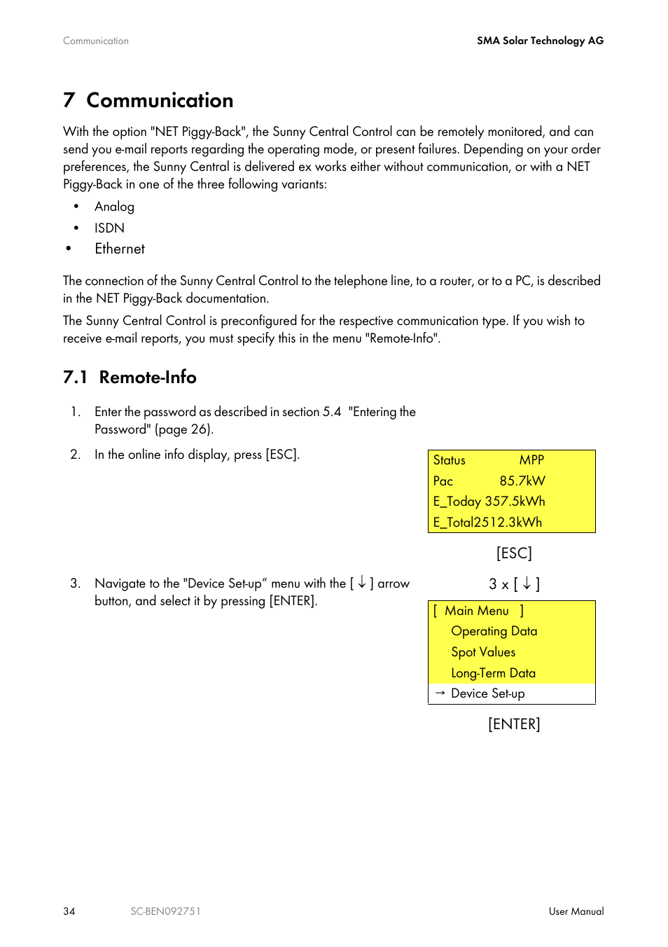 7 communication, 1 remote-info, Communication | Remote-info | SMA SUNNY CENTRAL User Manual | Page 34 / 68