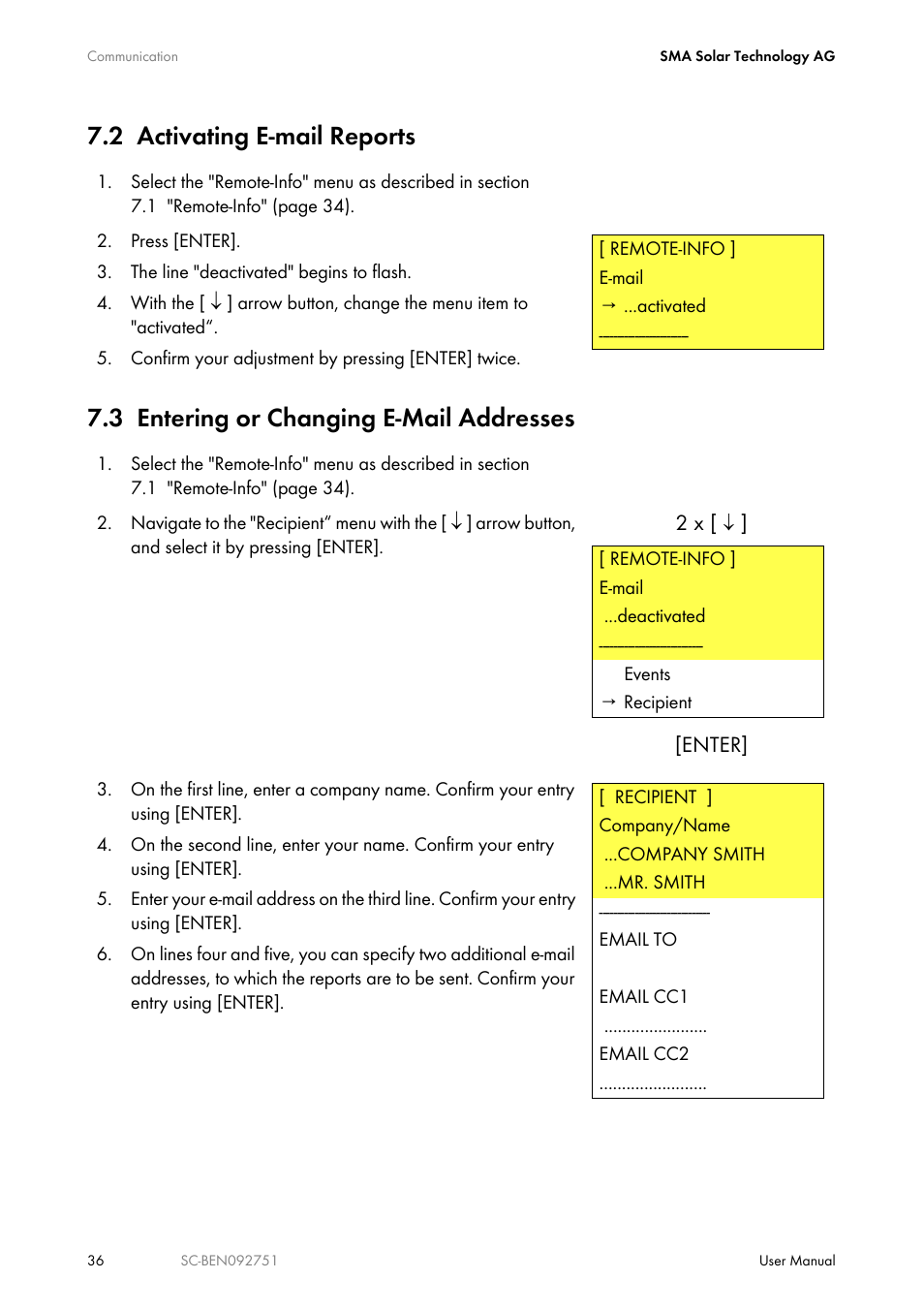2 activating e-mail reports, 3 entering or changing e-mail addresses, Activating e-mail reports | Entering or changing e-mail addresses | SMA SUNNY CENTRAL User Manual | Page 36 / 68