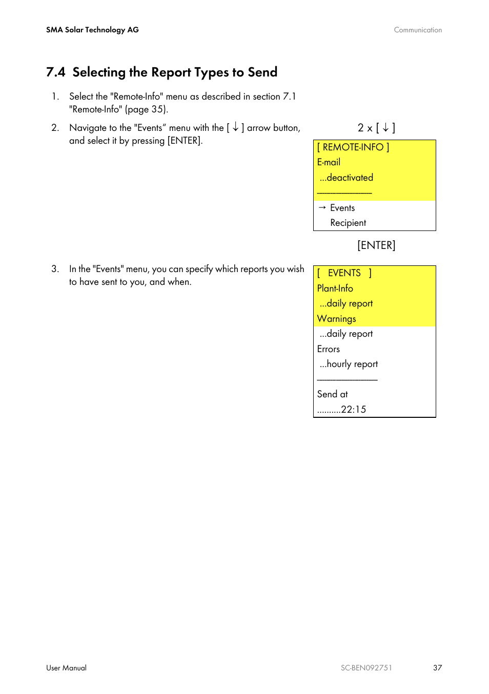 4 selecting the report types to send, Selecting the report types to send | SMA SUNNY CENTRAL User Manual | Page 37 / 68