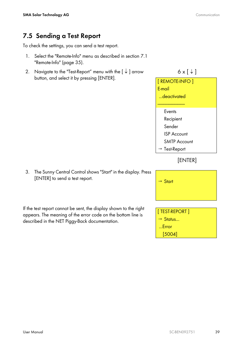 5 sending a test report, Sending a test report | SMA SUNNY CENTRAL User Manual | Page 39 / 68