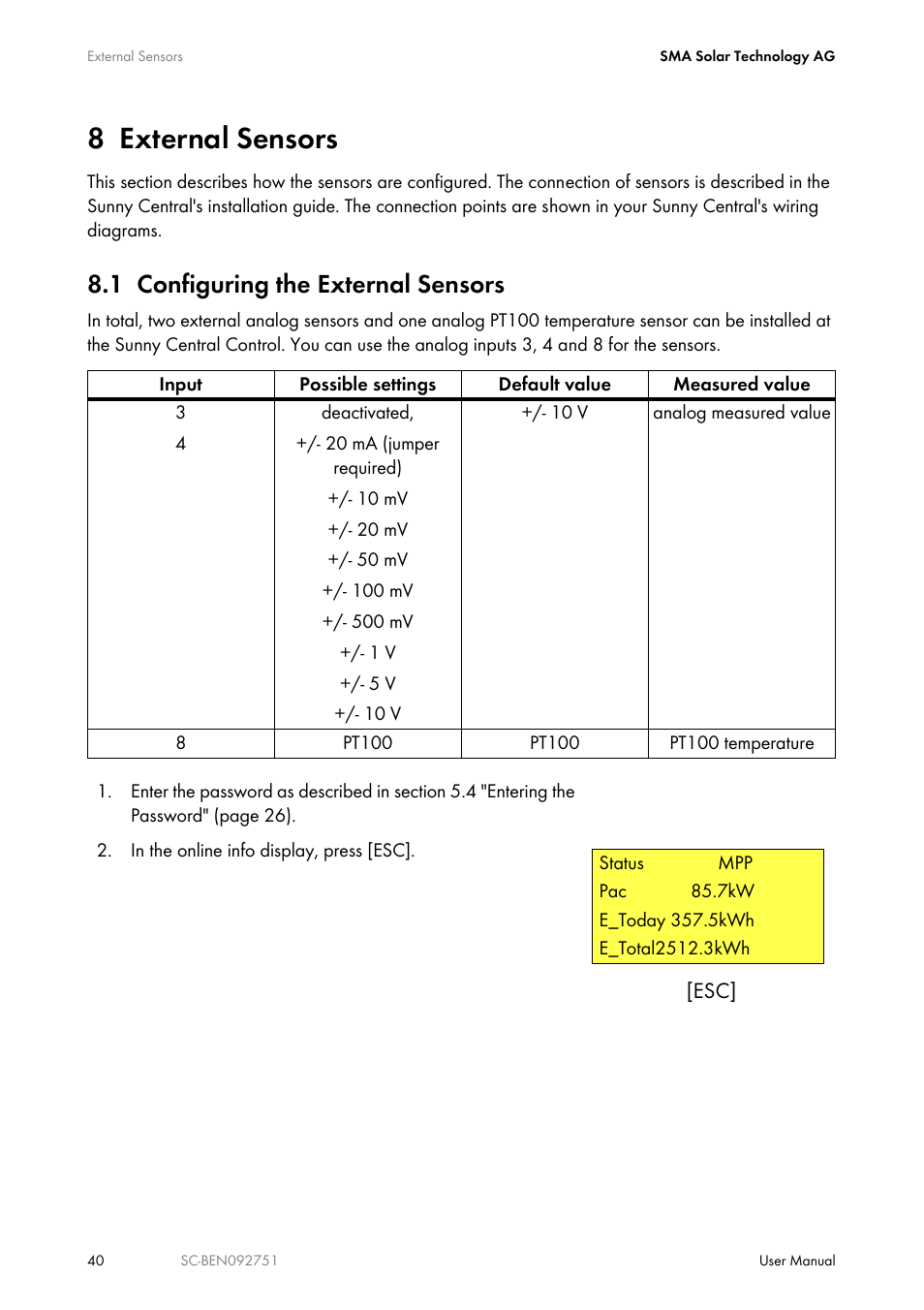 8 external sensors, 1 configuring the external sensors, External sensors | Configuring the external sensors | SMA SUNNY CENTRAL User Manual | Page 40 / 68