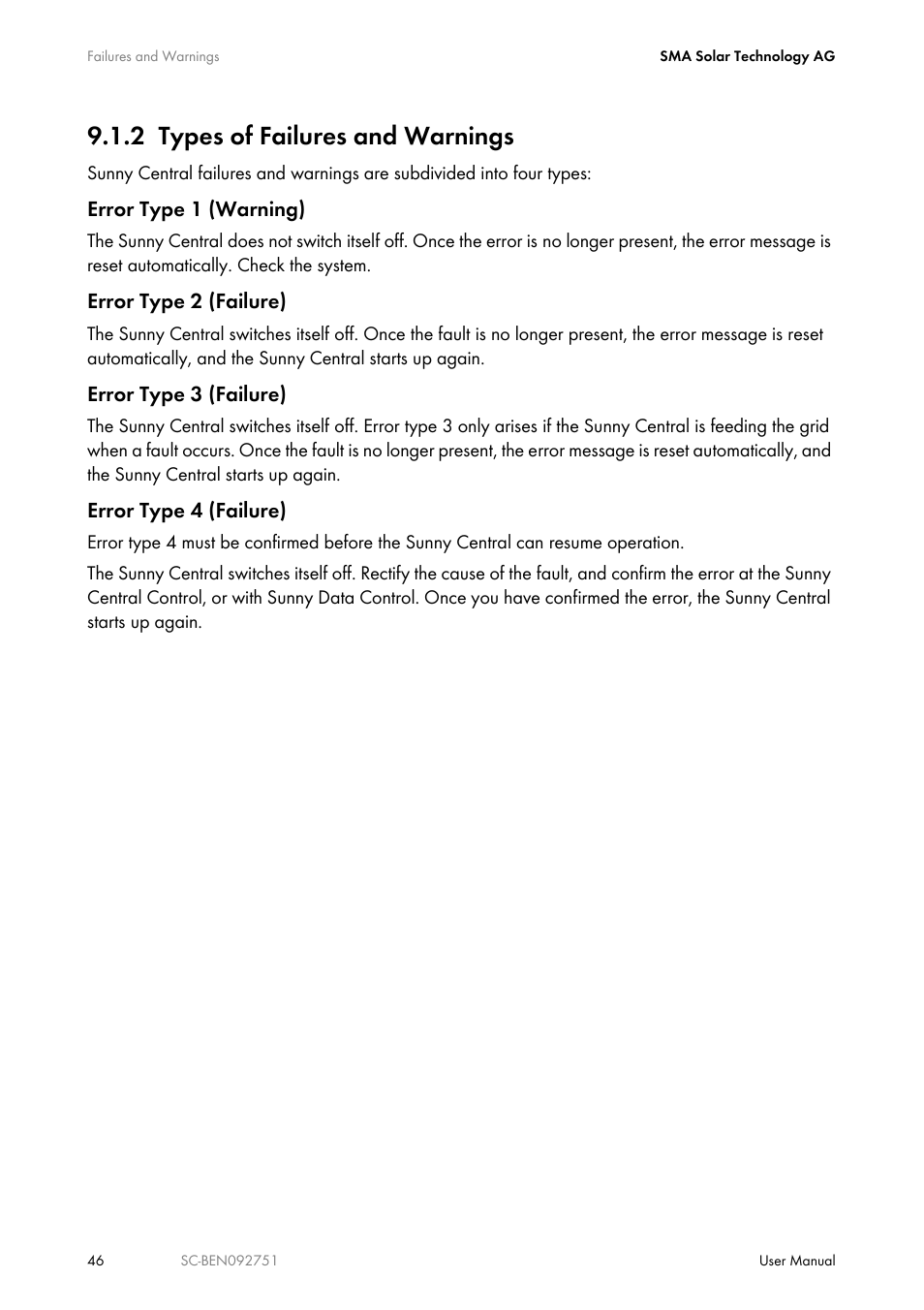 2 types of failures and warnings, Types of failures and warnings | SMA SUNNY CENTRAL User Manual | Page 46 / 68