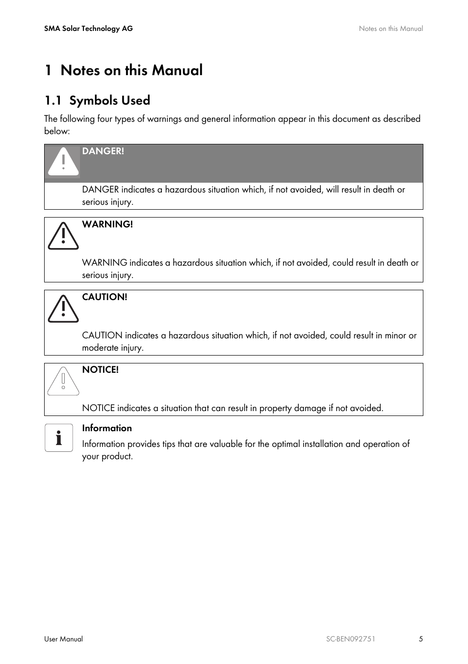 1 notes on this manual, 1 symbols used, Notes on this manual | Symbols used | SMA SUNNY CENTRAL User Manual | Page 5 / 68