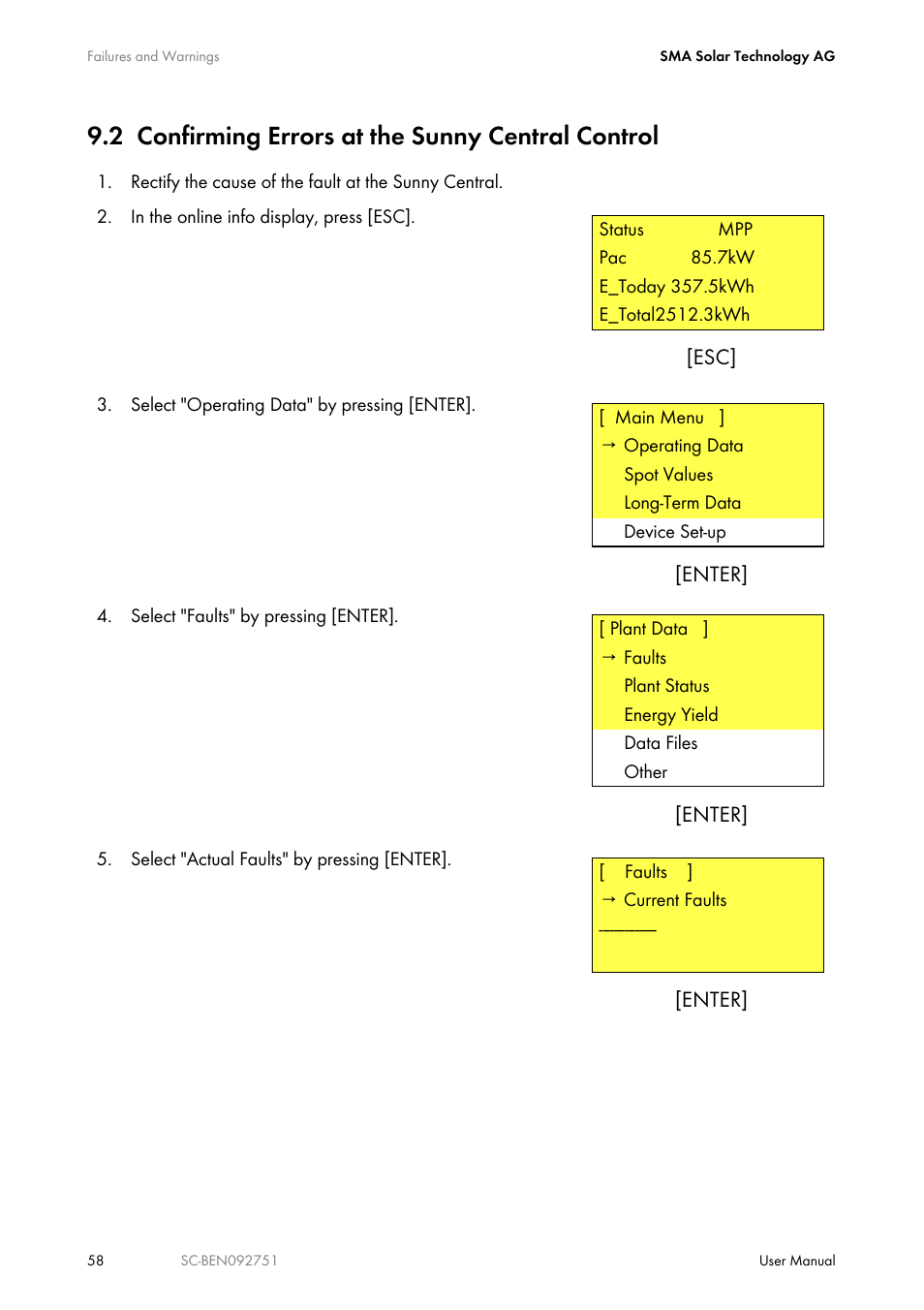 2 confirming errors at the sunny central control, Confirming errors at the sunny central control | SMA SUNNY CENTRAL User Manual | Page 58 / 68