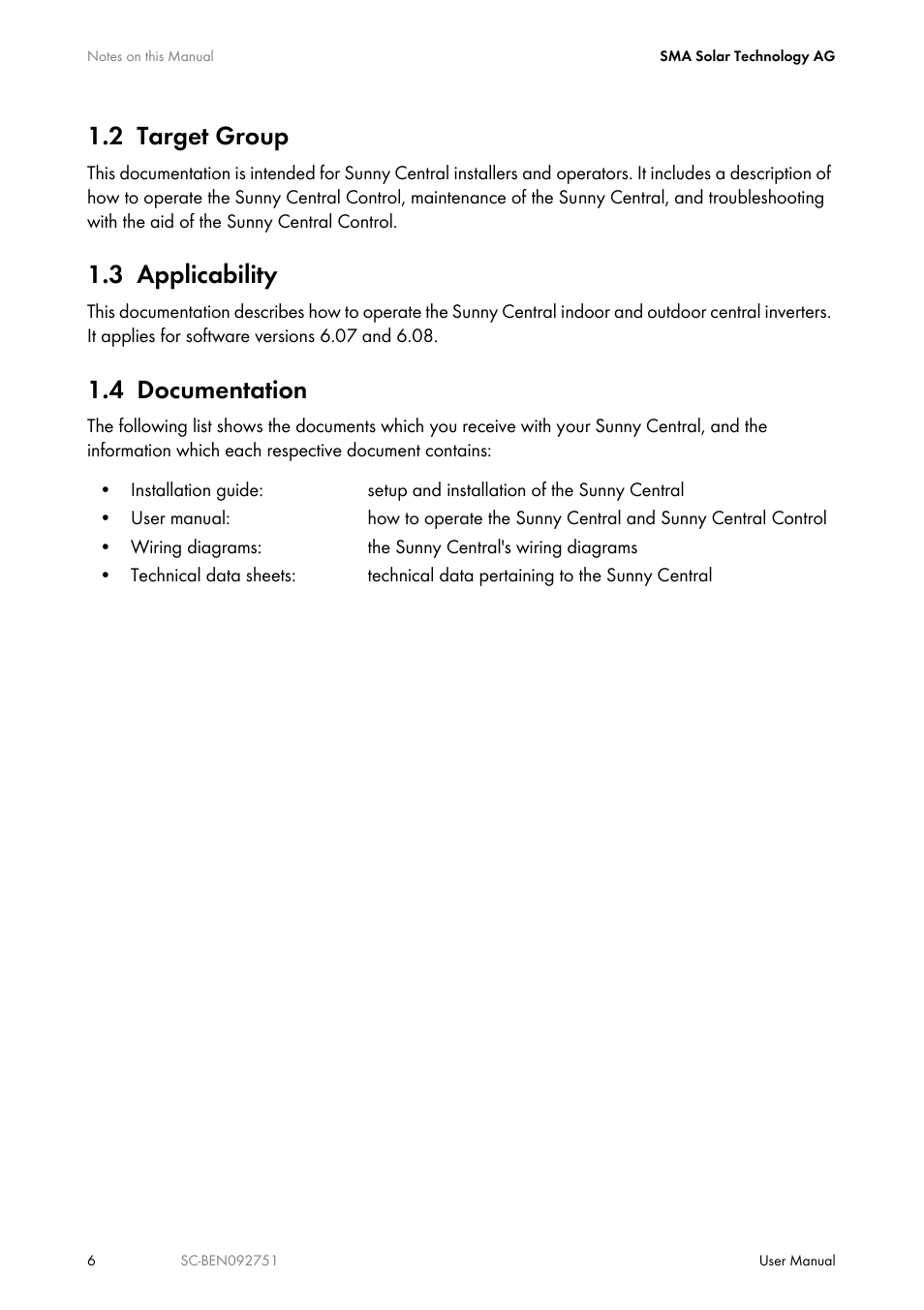 2 target group, 3 applicability, 4 documentation | Target group, Applicability, Documentation | SMA SUNNY CENTRAL User Manual | Page 6 / 68