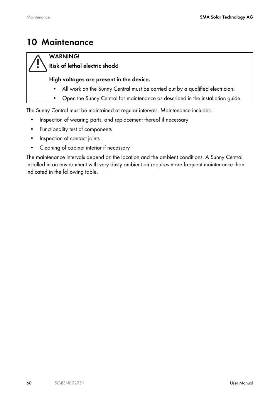 10 maintenance, Maintenance | SMA SUNNY CENTRAL User Manual | Page 60 / 68