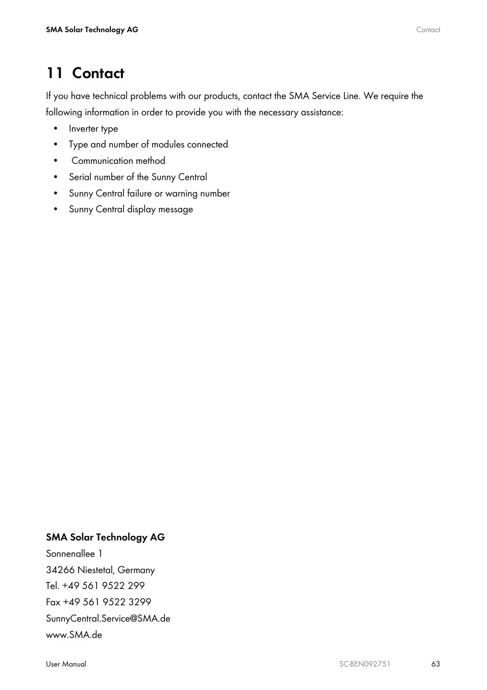 11 contact, Contact | SMA SUNNY CENTRAL User Manual | Page 63 / 68