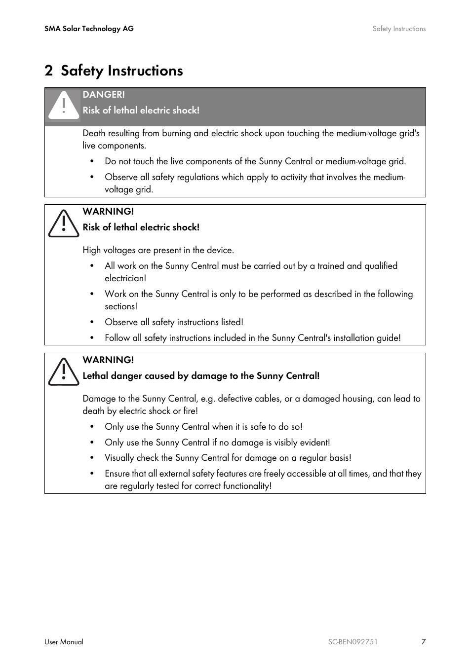 2 safety instructions, Safety instructions | SMA SUNNY CENTRAL User Manual | Page 7 / 68
