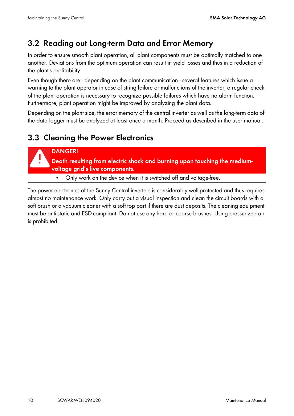 2 reading out long-term data and error memory, 3 cleaning the power electronics, Reading out long-term data and error memory | Cleaning the power electronics | SMA SUNNY CENTRAL Maintenance manual User Manual | Page 10 / 68