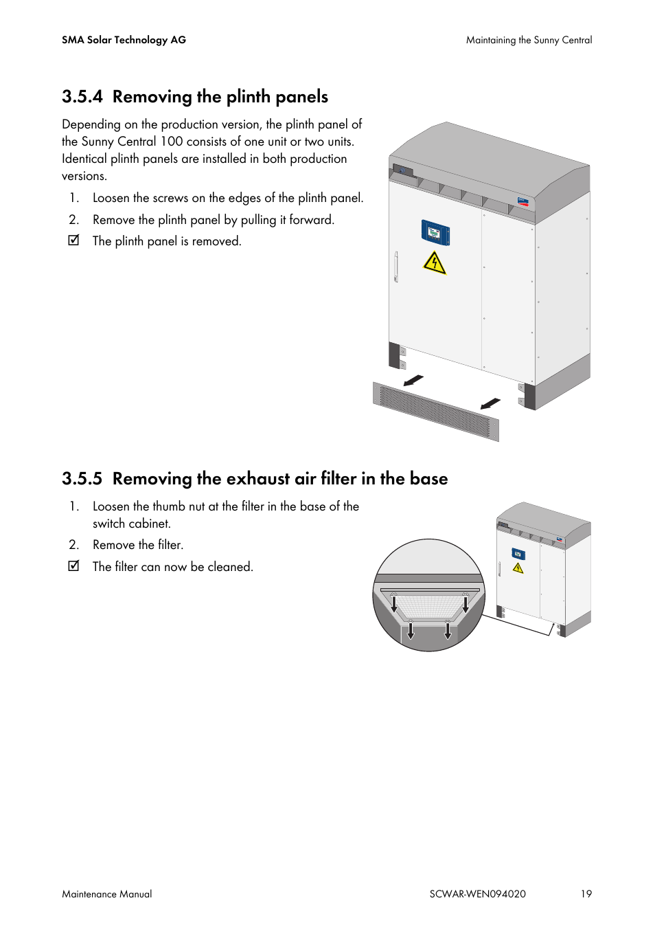 4 removing the plinth panels, 5 removing the exhaust air filter in the base, Removing the plinth panels | Removing the exhaust air filter in the base | SMA SUNNY CENTRAL Maintenance manual User Manual | Page 19 / 68