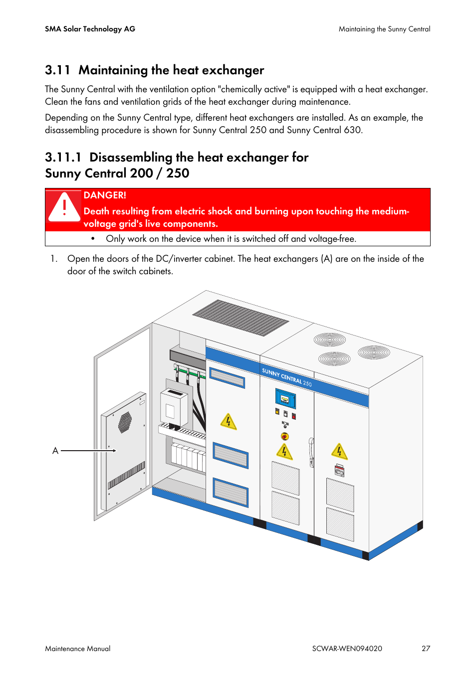 11 maintaining the heat exchanger, Maintaining the heat exchanger | SMA SUNNY CENTRAL Maintenance manual User Manual | Page 27 / 68