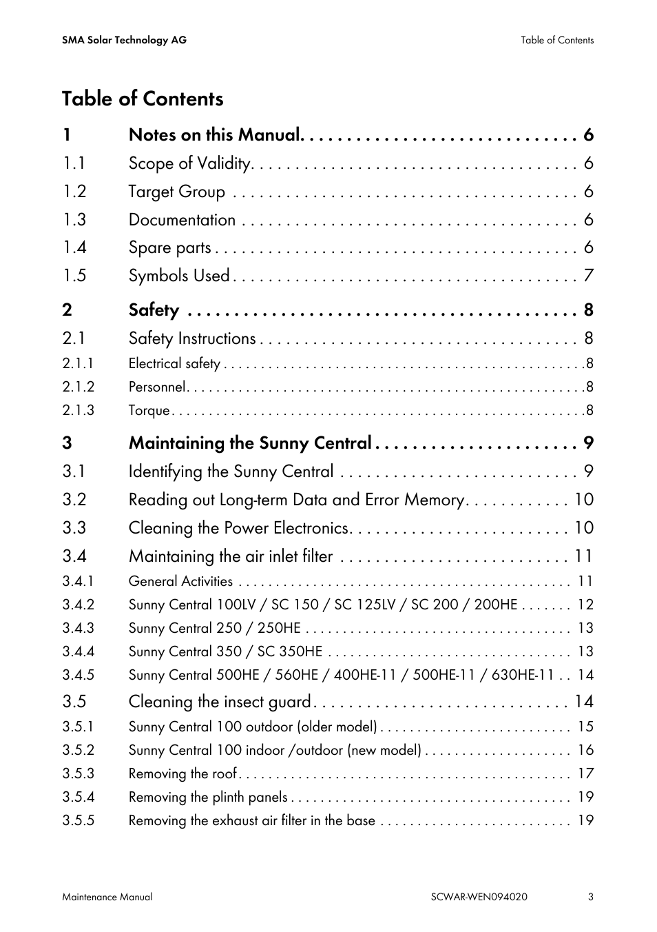SMA SUNNY CENTRAL Maintenance manual User Manual | Page 3 / 68