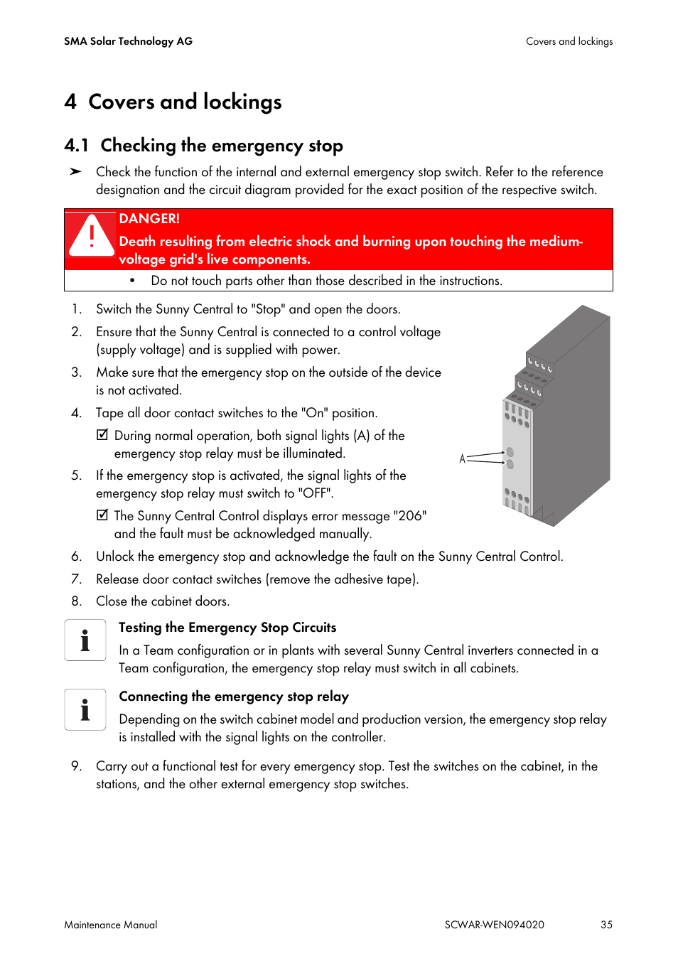 4 covers and lockings, 1 checking the emergency stop, Covers and lockings | Checking the emergency stop | SMA SUNNY CENTRAL Maintenance manual User Manual | Page 35 / 68