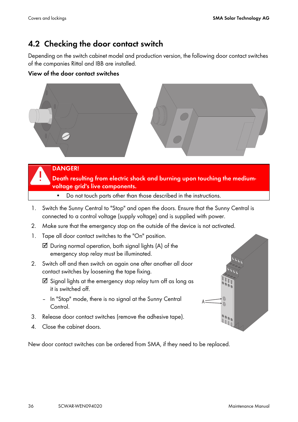 2 checking the door contact switch, Checking the door contact switch | SMA SUNNY CENTRAL Maintenance manual User Manual | Page 36 / 68